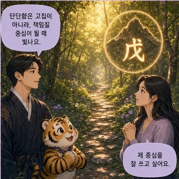 무인일주 4컷: 戊는 산/대지처럼 흔들리는 상황에서도 중심을 지키는 힘을 보여줘요.