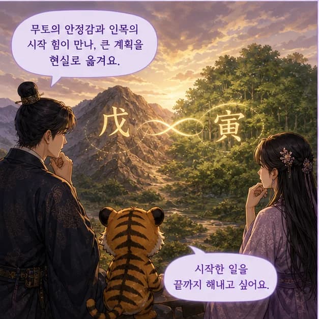 무인일주 7컷: 寅 안의 甲 편관 · 丙 편인 · 戊 비견. 중심은 편관, 압박 속에서도 결단하고 돌파하는 힘이에요.