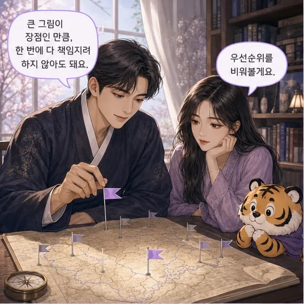 무인일주 9컷: 관계에서는 쉽게 흔들리지 않는 안정감을 주고, 일에서는 큰 구조를 세우고 오래 유지하는 힘이 장점이에요.