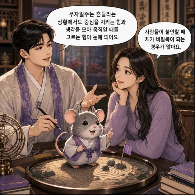 무자일주 1컷: 무자일주는 흔들리는 상황에서도 중심을 지키는 힘과 생각을 모아 움직일 때를 고르는 힘이 눈에 띄어요.