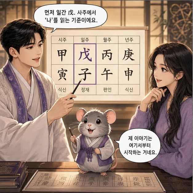 무자일주 3컷: 먼저 일간 戊. 사주에서 ‘나’를 읽는 기준이에요.