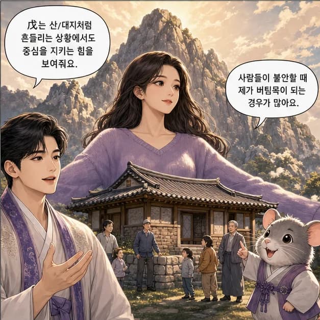 무자일주 4컷: 戊는 산/대지처럼 흔들리는 상황에서도 중심을 지키는 힘을 보여줘요.