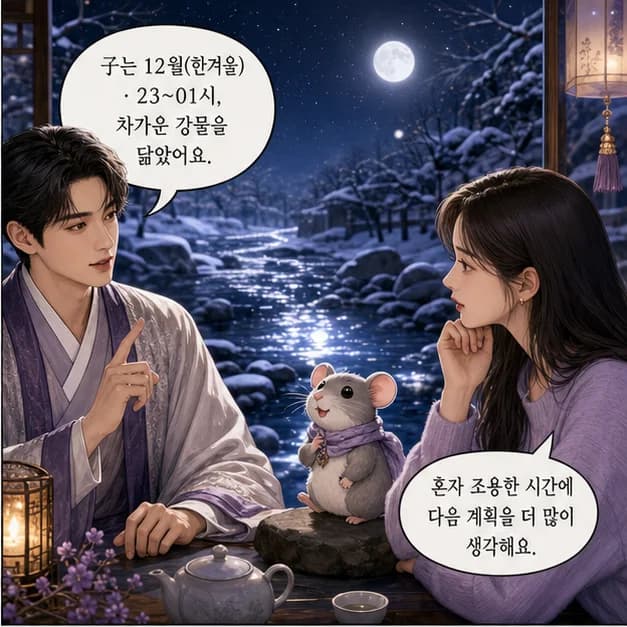 무자일주 6컷: 子는 12월(한겨울)·23~01시, 차가운 강물을 닮았어요.