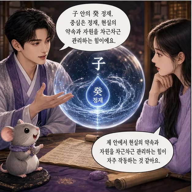 무자일주 7컷: 子 안의 癸 정재. 중심은 정재, 현실의 약속과 자원을 차근차근 관리하는 힘이에요.
