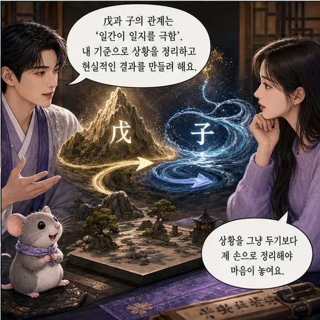무자일주 8컷: 戊와 子의 관계는 ‘일간이 일지를 극함’. 내 기준으로 상황을 정리하고 현실적인 결과를 만들려 해요.