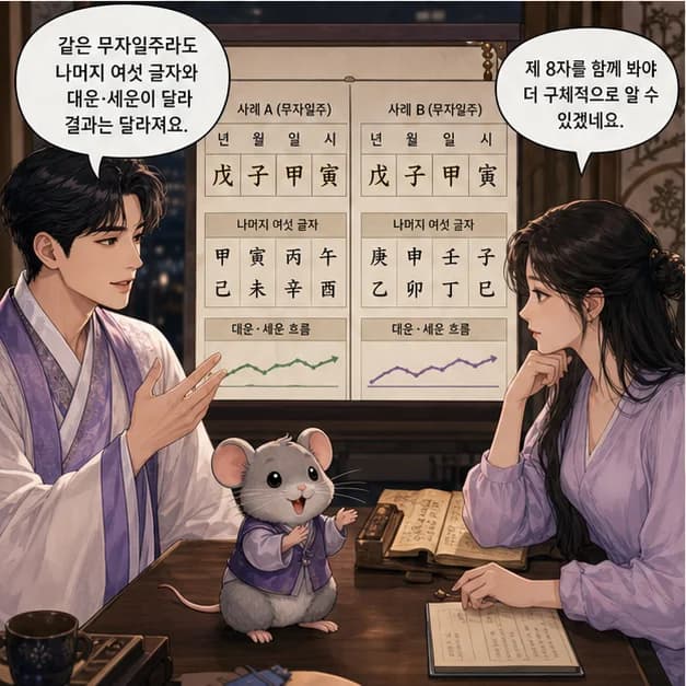 무자일주 11컷: 같은 무자라도 나머지 여섯 글자와 대운·세운이 달라 결과는 달라져요.