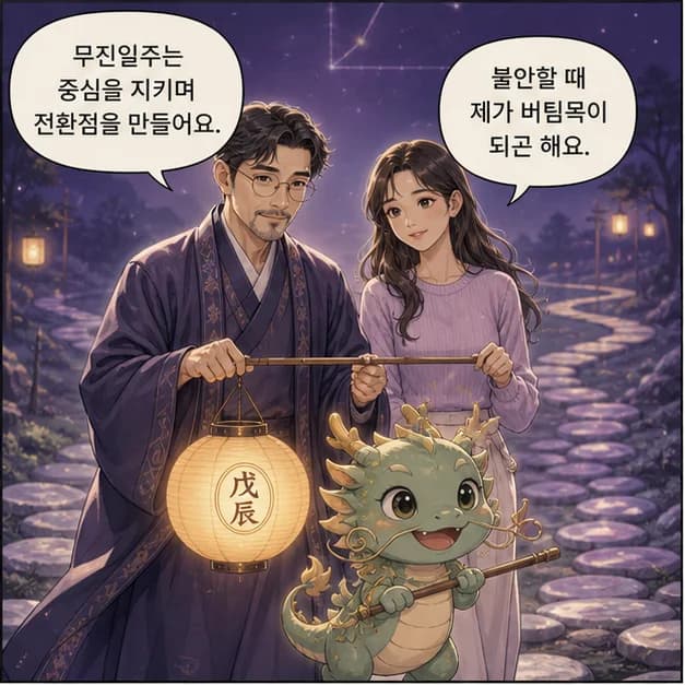 무진일주 1컷: 무진일주는 흔들리는 상황에서도 중심을 지키는 힘과 변화를 품고 전환점을 만드는 힘이 눈에 띄어요.