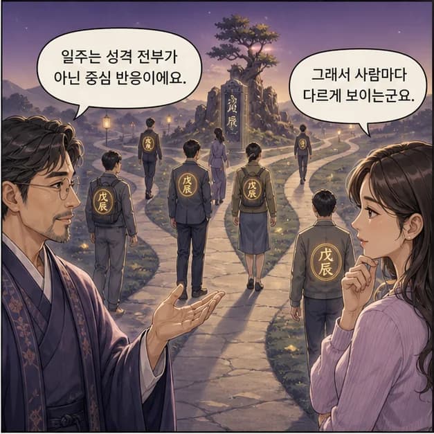 무진일주 2컷: 일주는 성격 전부가 아니라, 일이 생길 때 먼저 보이는 중심 반응이에요.