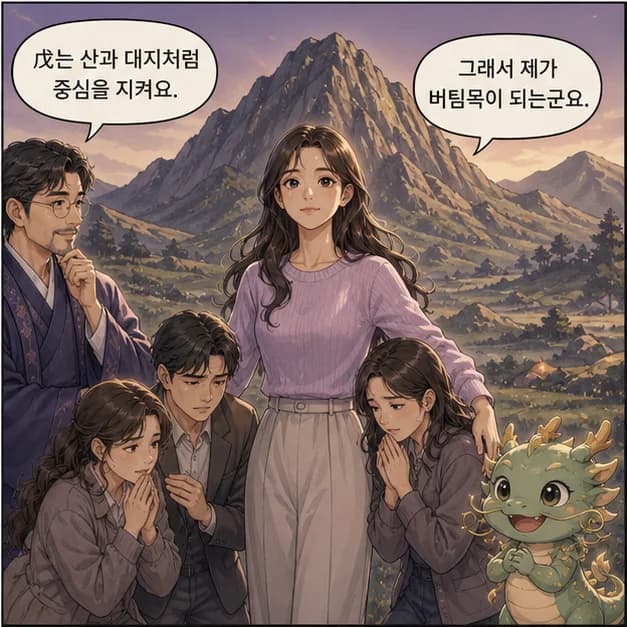 무진일주 4컷: 戊는 산/대지처럼 흔들리는 상황에서도 중심을 지키는 힘을 보여줘요.