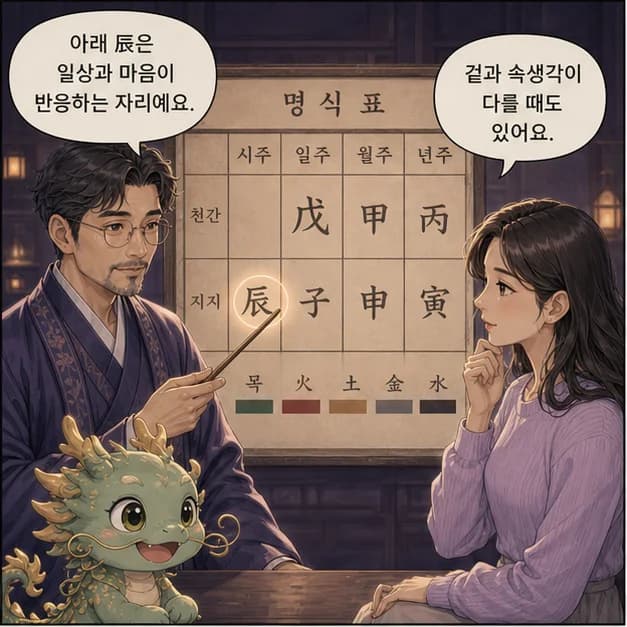 무진일주 5컷: 아래 辰은 내가 일상을 보내고 마음이 반응하는 자리예요.