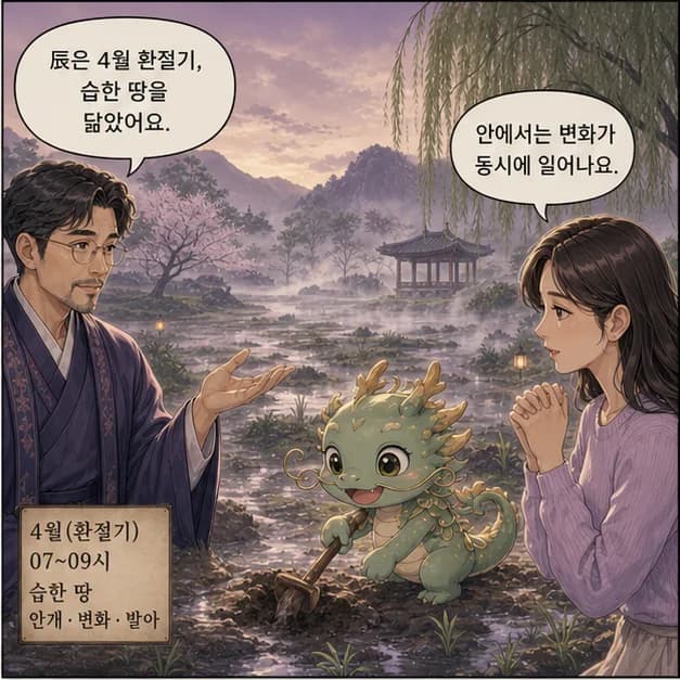 무진일주 6컷: 辰은 4월(환절기)·07~09시, 습한 땅을 닮았어요.