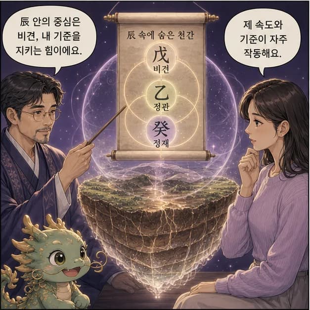 무진일주 7컷: 辰 안의 戊 비견 · 乙 정관 · 癸 정재. 중심은 비견, 내 속도와 기준을 지키는 힘이에요.