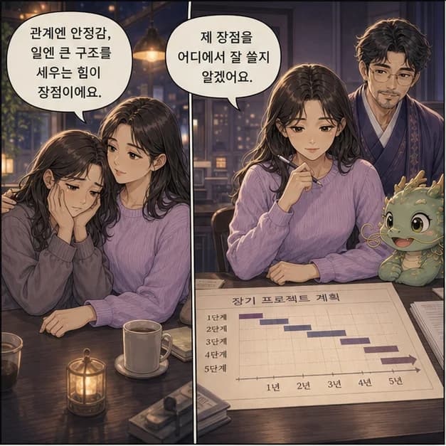 무진일주 9컷: 관계에서는 쉽게 흔들리지 않는 안정감을 주고, 일에서는 큰 구조를 세우고 오래 유지하는 힘이 장점이에요.