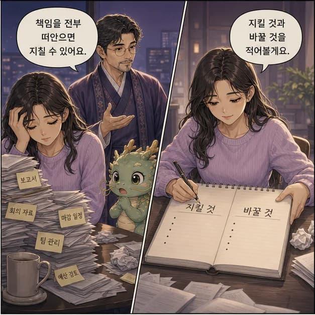 무진일주 10컷: 다만 책임을 전부 떠안고 변화까지 막아버리는 패턴이 강해지는 때엔 지칠 수 있어요. 바뀌는 것과 지킬 것을 나눠 적어보기부터 해보세요.