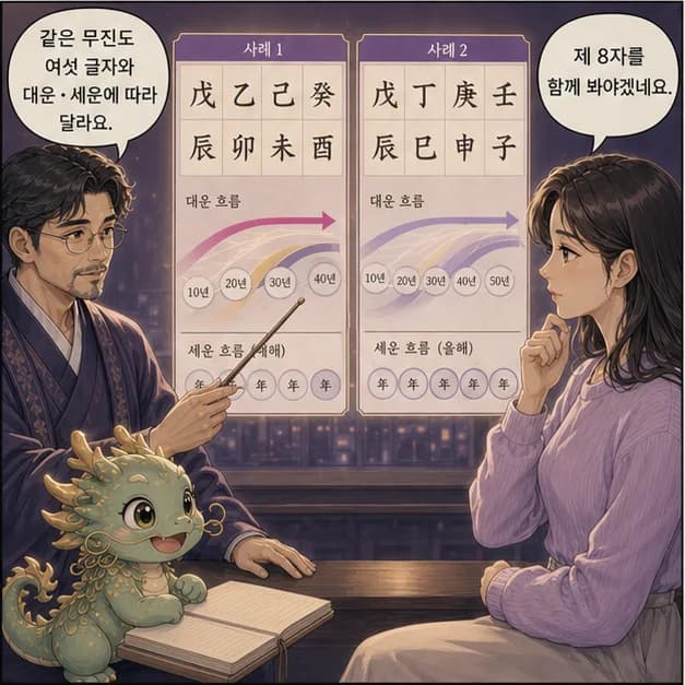 무진일주 11컷: 같은 무진이라도 나머지 여섯 글자와 대운·세운이 달라 결과는 달라져요.