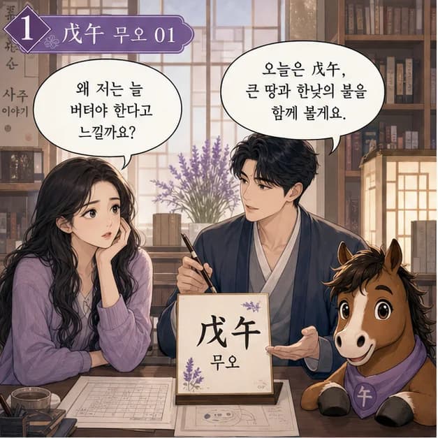 무오일주 1컷: 무오일주는 흔들리는 상황에서도 중심을 지키는 힘과 마음과 의사를 분명히 드러내는 힘이 눈에 띄어요.