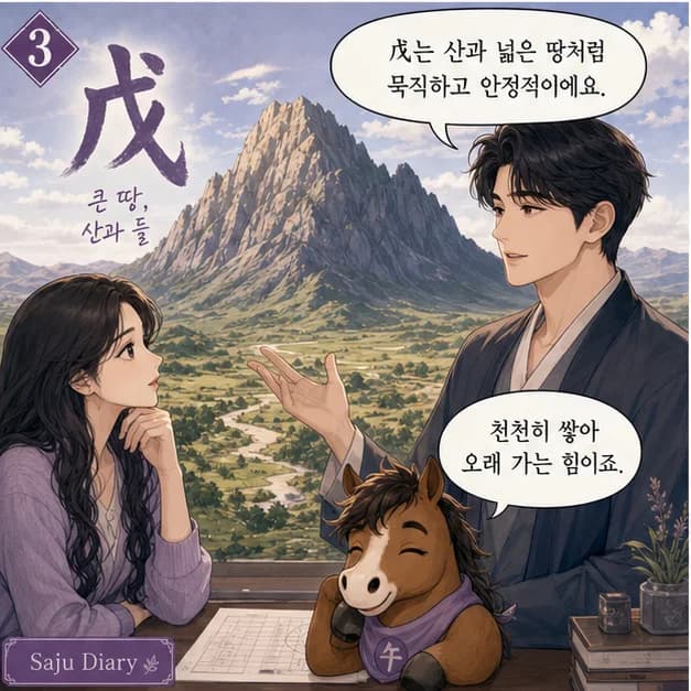 무오일주 3컷: 먼저 일간 戊. 사주에서 ‘나’를 읽는 기준이에요.