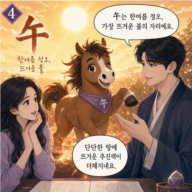 무오일주 4컷: 戊는 산/대지처럼 흔들리는 상황에서도 중심을 지키는 힘을 보여줘요.