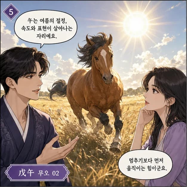 무오일주 5컷: 아래 午는 내가 일상을 보내고 마음이 반응하는 자리예요.