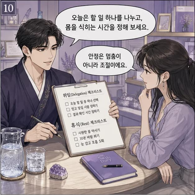 무오일주 10컷: 다만 책임을 전부 떠안고 변화까지 막아버리는 패턴이 강해지는 때엔 지칠 수 있어요. 바로 답하기 전 상대가 들을 속도로 한 번 다듬기부터 해보세요.