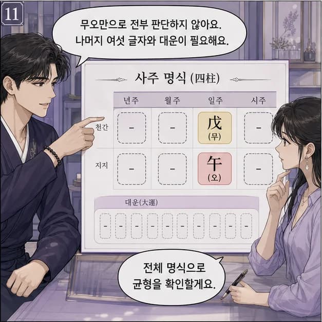 무오일주 11컷: 같은 무오라도 나머지 여섯 글자와 대운·세운이 달라 결과는 달라져요.