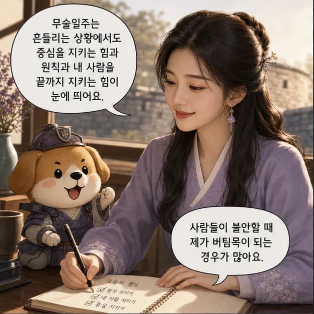 무술일주 1컷: 무술일주는 흔들리는 상황에서도 중심을 지키는 힘과 원칙과 내 사람을 끝까지 지키는 힘이 눈에 띄어요.