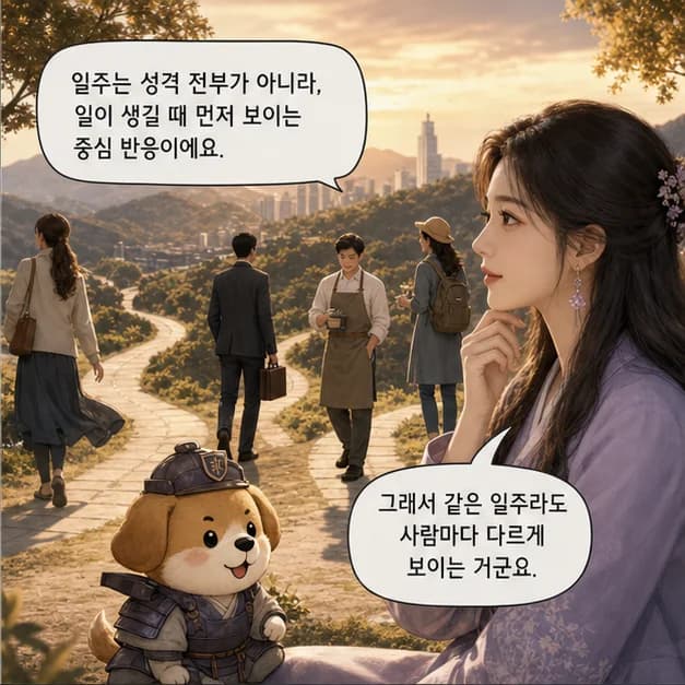 무술일주 2컷: 일주는 성격 전부가 아니라, 일이 생길 때 먼저 보이는 중심 반응이에요.