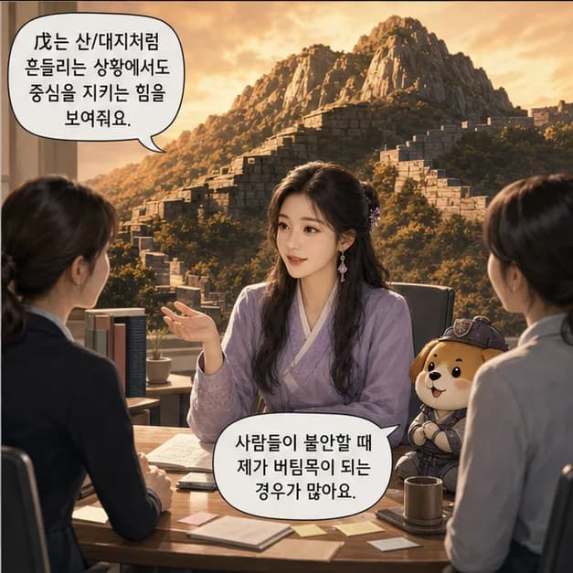 무술일주 4컷: 戊는 산/대지처럼 흔들리는 상황에서도 중심을 지키는 힘을 보여줘요.
