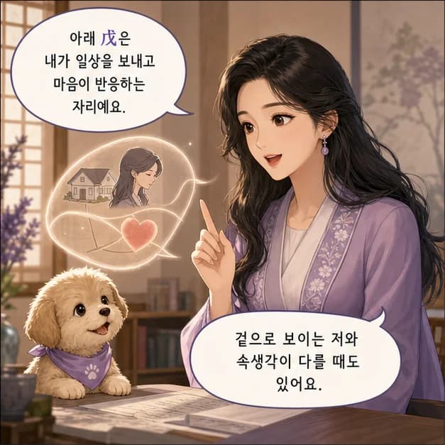 무술일주 5컷: 아래 戌은 내가 일상을 보내고 마음이 반응하는 자리예요.