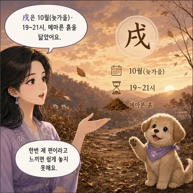 무술일주 6컷: 戌은 10월(늦가을)·19~21시, 메마른 흙을 닮았어요.