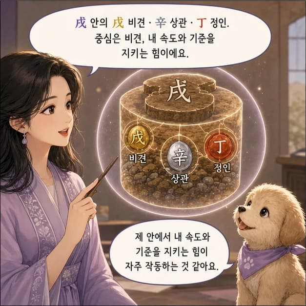 무술일주 7컷: 戌 안의 戊 비견 · 辛 상관 · 丁 정인. 중심은 비견, 내 속도와 기준을 지키는 힘이에요.