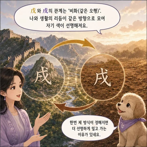 무술일주 8컷: 戊와 戌의 관계는 ‘비화(같은 오행)’. 나와 생활의 리듬이 같은 방향으로 모여 자기 색이 선명해져요.