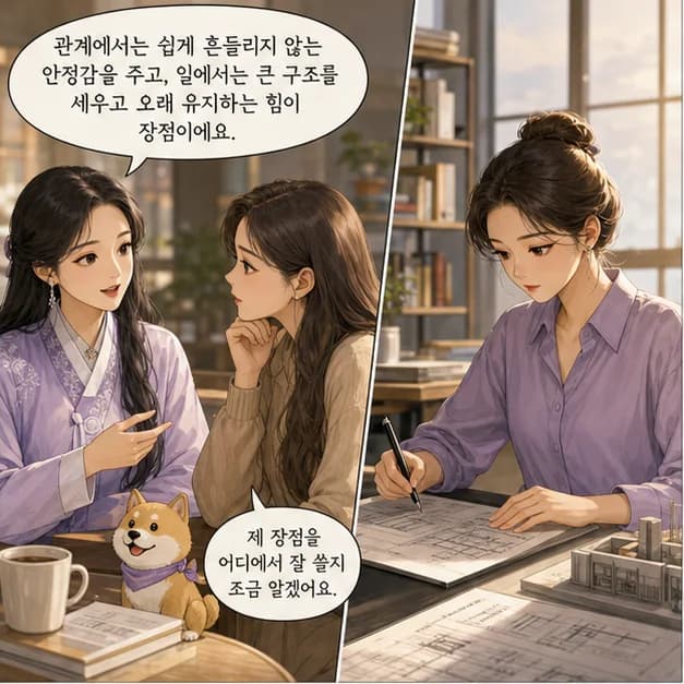 무술일주 9컷: 관계에서는 쉽게 흔들리지 않는 안정감을 주고, 일에서는 큰 구조를 세우고 오래 유지하는 힘이 장점이에요.