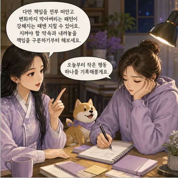 무술일주 10컷: 다만 책임을 전부 떠안고 변화까지 막아버리는 패턴이 강해지는 때엔 지칠 수 있어요. 지켜야 할 약속과 내려놓을 책임을 구분하기부터 해보세요.