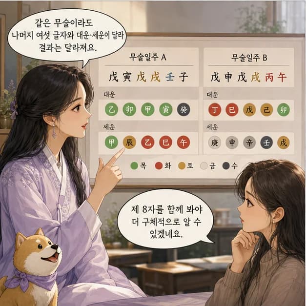 무술일주 11컷: 같은 무술이라도 나머지 여섯 글자와 대운·세운이 달라 결과는 달라져요.