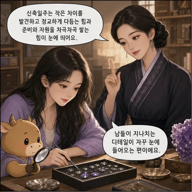 신축일주 1컷: 신축일주는 작은 차이를 발견하고 정교하게 다듬는 힘과 준비와 자원을 차곡차곡 쌓는 힘이 눈에 띄어요.