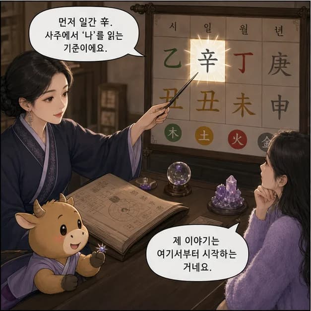 신축일주 3컷: 먼저 일간 辛. 사주에서 ‘나’를 읽는 기준이에요.