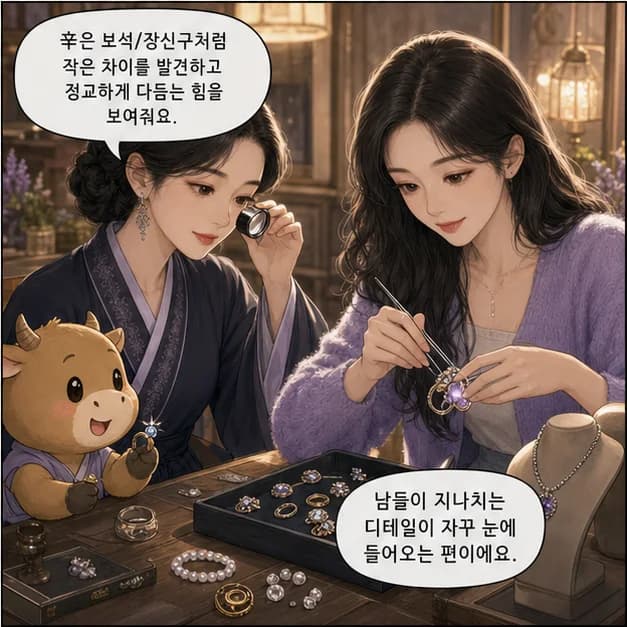 신축일주 4컷: 辛은 보석/장신구처럼 작은 차이를 발견하고 정교하게 다듬는 힘을 보여줘요.