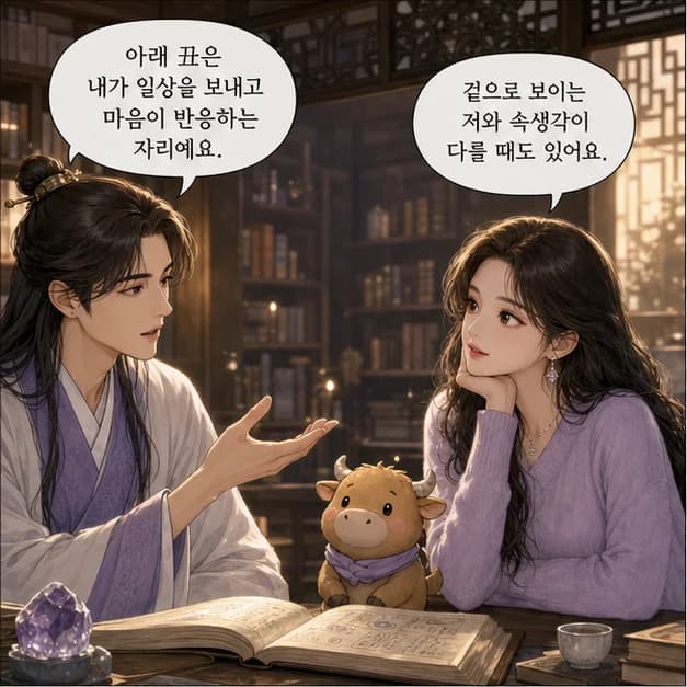 신축일주 5컷: 아래 丑은 내가 일상을 보내고 마음이 반응하는 자리예요.