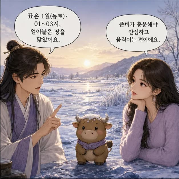 신축일주 6컷: 丑은 1월(동토)·01~03시, 얼어붙은 땅을 닮았어요.