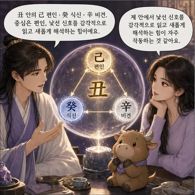 신축일주 7컷: 丑 안의 己 편인 · 癸 식신 · 辛 비견. 중심은 편인, 낯선 신호를 감각적으로 읽고 새롭게 해석하는 힘이에요.