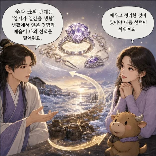 신축일주 8컷: 辛과 丑의 관계는 ‘일지가 일간을 생함’. 생활에서 얻은 경험과 배움이 나의 선택을 밀어줘요.