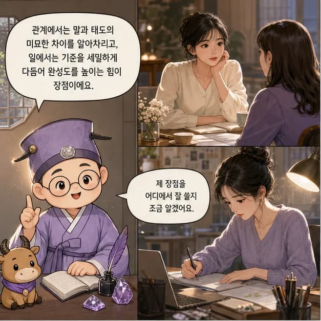 신축일주 9컷: 관계에서는 말과 태도의 미묘한 차이를 알아차리고, 일에서는 기준을 세밀하게 다듬어 완성도를 높이는 힘이 장점이에요.