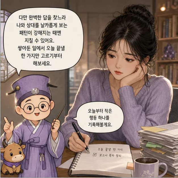 신축일주 10컷: 다만 완벽한 답을 찾느라 나와 상대를 날카롭게 보는 패턴이 강해지는 때엔 지칠 수 있어요. 쌓아둔 일에서 오늘 끝낼 한 가지만 고르기부터 해보세요.