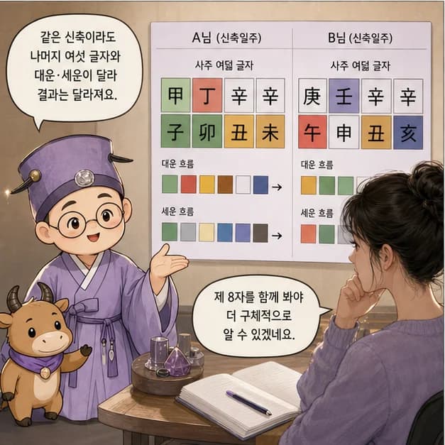 신축일주 11컷: 같은 신축이라도 나머지 여섯 글자와 대운·세운이 달라 결과는 달라져요.