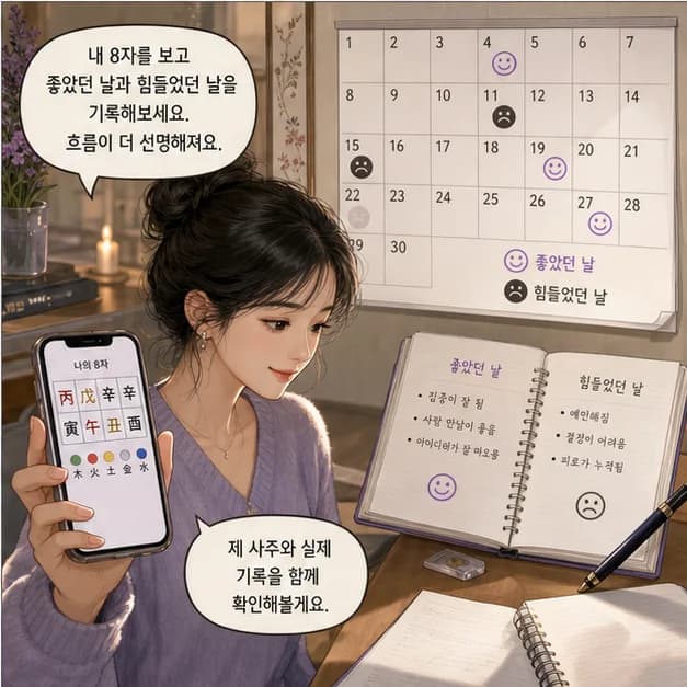 신축일주 12컷: 내 8자를 보고 좋았던 날과 힘들었던 날을 기록해보세요. 흐름이 더 선명해져요.