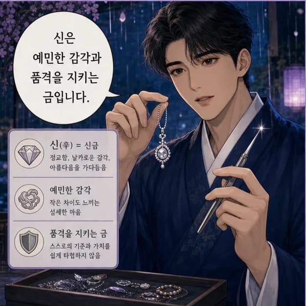 신해일주 3컷: 먼저 일간 辛. 사주에서 ‘나’를 읽는 기준이에요.