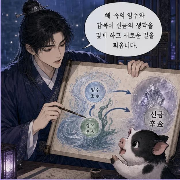 신해일주 6컷: 亥는 11월(겨울의 시작)·21~23시, 깊은 바다를 닮았어요.