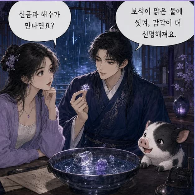 신해일주 7컷: 亥 안의 壬 상관 · 甲 정재. 중심은 상관, 익숙한 틀에 질문하고 내 방식으로 표현하는 힘이에요.