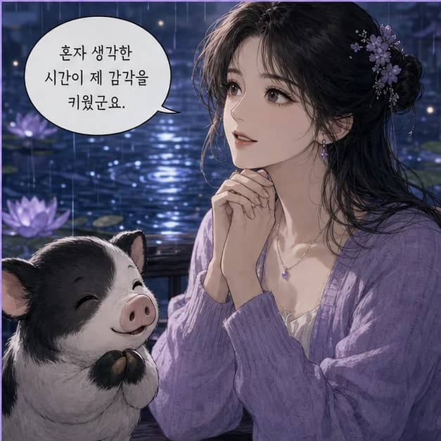 신해일주 8컷: 辛과 亥의 관계는 ‘일간이 일지를 생함’. 내 에너지가 일과 관계 바깥으로 자연스럽게 흘러가요.